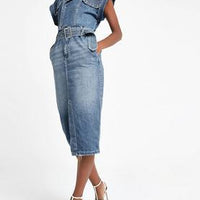 Blue belted midi denim dress